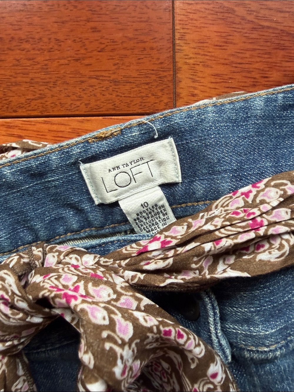 LOFT Blue Flare Jeans with Patterned Waist Scarf Embroidered back Pockets - Picture 6 of 10